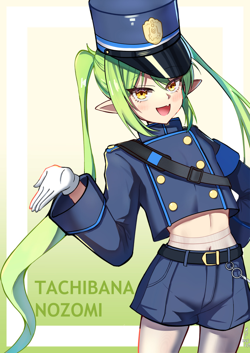 1girl :d absurdres armband belt belt_buckle black_belt blue_archive blue_armband blue_hat blue_jacket blue_shorts blush buckle buttons character_name charm_(object) chinese_commentary commentary_request covered_navel cowboy_shot cropped_jacket double-breasted eyes_visible_through_hair fang fine_fabric_emphasis gloves gradient_background green_background green_hair hand_on_own_hip hand_up hat highres jacket loli long_hair long_sleeves looking_at_viewer mangguoranliao midriff mixed-language_commentary nozomi_(blue_archive) open_mouth pantyhose peaked_cap pointy_ears short_shorts shorts sidelocks skin_fang smile solo twintails very_long_hair wavy_hair white_gloves white_pantyhose yellow_background yellow_eyes