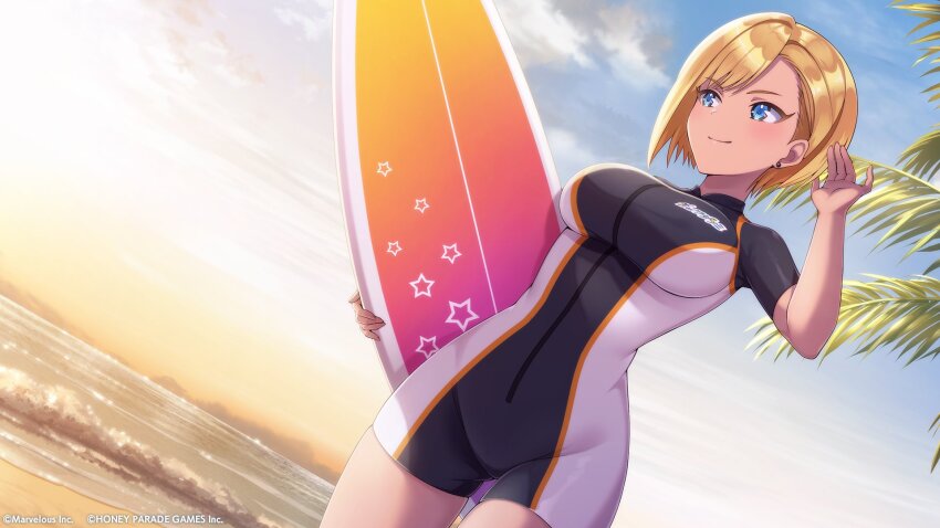 1girl arm_up beach blue_eyes bodysuit dark-skinned_female dark_skin diving_suit dolphin_wave dutch_angle earrings highres holding holding_surfboard jewelry murahaya_mashio official_art one-piece_swimsuit ootomo_takuji short_hair solo surfboard swept_bangs swimsuit wetsuit