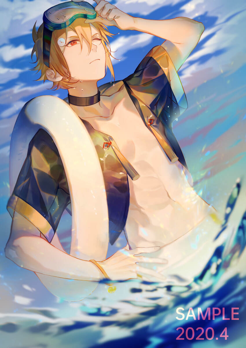 1boy ;( absurdres alannoran bird_hair_ornament black_choker black_shirt blonde_hair choker cloud cropped_shirt day fuli_chicken_(the_tale_of_food) furrowed_brow goggles goggles_on_head hair_between_eyes hair_ornament hairclip hand_on_own_hip highres holding holding_swim_ring innertube looking_ahead male_focus male_swimwear open_clothes open_shirt orange_eyes see-through_clothes see-through_shirt shirt short_hair short_sleeves solo swim_goggles swim_ring swim_trunks tassel the_tale_of_food wading water