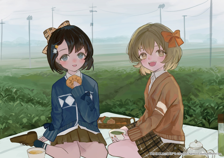 2girls black_hair brown_eyes brown_hair cardigan commentary_request copyright_name copyright_notice fragments_of_the_idolmaster_cinderella_girls grey_eyes highres idolmaster idolmaster_cinderella_girls koga_koharu looking_at_viewer metro_stars85 multiple_girls official_art open_mouth outdoors picnic power_lines real_world_location sasaki_chie second-party_source short_hair sitting skirt smile tea utility_pole