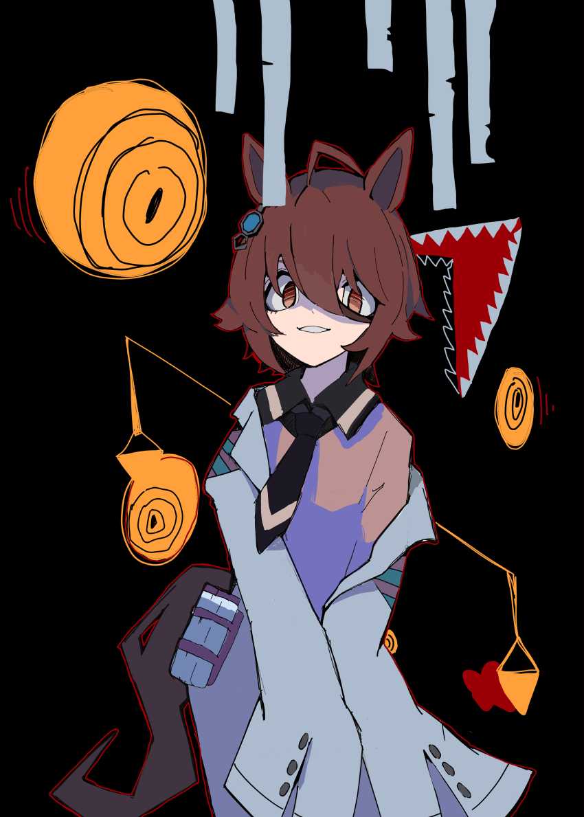 1girl absurdres agnes_tachyon_(umamusume) ahoge animal_ears balance_scale big_bird_(project_moon) black_background black_necktie brown_eyes brown_hair collared_shirt crossover earrings eyeball highres horse_ears horse_girl horse_tail jewelry judgement_bird lab_coat long_sleeves looking_at_viewer necktie off_shoulder open_mouth outline project_moon red_outline ringed_eyes shaded_face sharp_teeth shirt short_hair short_necktie single_earring sleeves_past_fingers sleeves_past_wrists smile solo standing sudzume sweater tail teeth test_tube umamusume weighing_scale