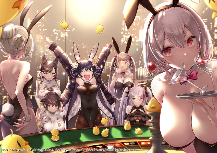 6+girls adjusting_clothes adjusting_leotard allen_m._sumner_(azur_lane) allen_m._sumner_(charming_rabbit)_(azur_lane) animal_ears ass atago_(azur_lane) azur_lane baby_animal backless_leotard bird breasts casino casino_card_table chick cleavage cup detached_collar drinking_glass fake_animal_ears formidable_(azur_lane) hand_to_own_mouth large_breasts leotard manjuu_(azur_lane) mappaninatta multiple_girls official_art pantyhose playboy_bunny prinz_eugen_(azur_lane) prinz_eugen_(cordial_cornflower)_(azur_lane) rabbit_ears rabbit_tail roulette roulette_table sheffield_(azur_lane) sirius_(azur_lane) table tagme takao_(azur_lane) white_hair