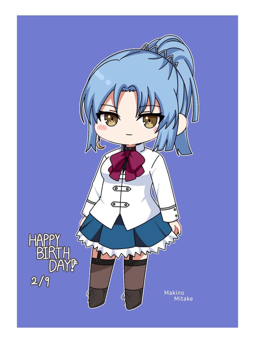 1girl arms_at_sides assault_lily black_boots blue_hair blunt_ends blush boots border bow bowtie brown_thighhighs buttons character_name chibi closed_mouth commentary crescent crescent_earrings earrings frilled_skirt frills full_body garter_straps happy_birthday herensuge_girls_academy_school_uniform high_ponytail highres jacket jewelry lace-up_boots light_smile long_sleeves looking_at_viewer makino_mitake miniskirt outside_border parted_bangs pleated_skirt ponytail purple_background red_bow red_bowtie school_uniform short_hair simple_background skirt solo standing thighhighs white_border white_jacket yellow_eyes yui_(yui1115_)