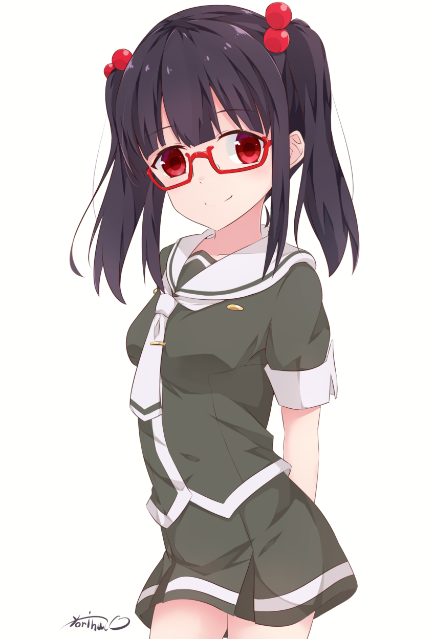 1girl a.i._voice arms_behind_back artist_name breasts closed_mouth collarbone cowboy_shot green_shirt green_skirt hair_bobbles hair_ornament highres looking_at_viewer medium_breasts medium_hair miniskirt necktie onikko_hunter_tsuina-chan red-framed_eyewear red_eyes sailor_collar semi-rimless_eyewear shirt short_sleeves simple_background skirt smile solo split_mouth takatoo_saki twintails under-rim_eyewear white_background white_necktie white_sailor_collar yoriha_yashiro