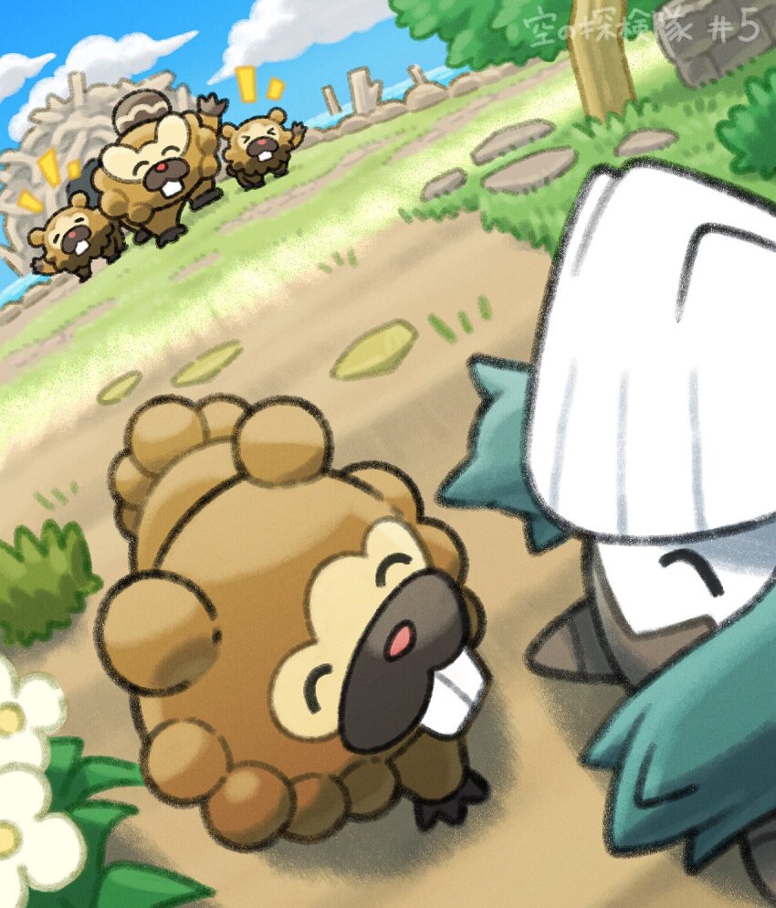 bibarel bidoof closed_eyes cloud commentary_request day game_freak gen_4_pokemon grass highres komepan nintendo no_humans notice_lines outdoors pokemon pokemon_(creature) pokemon_focus sky snover standing