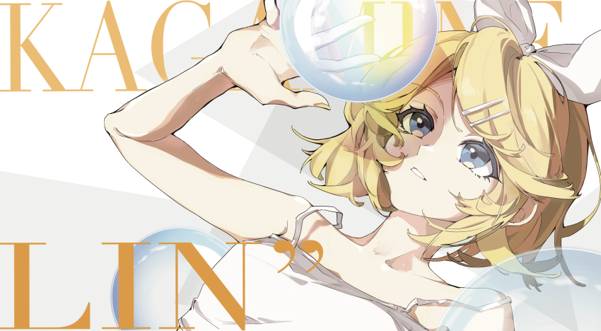 13165075695 1girl absurdres bare_shoulders blonde_hair blue_eyes bow bubble character_name commentary hair_bow hair_ornament hairclip highres kagamine_rin looking_at_object mindscape_cinema_(zenless_zone_zero) parted_lips shirt short_hair sleeveless solo symbol-only_commentary vocaloid white_background white_shirt yellow_nails
