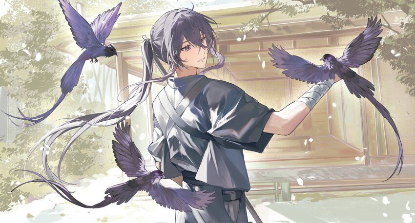 1boy ahoge alternate_costume architecture arm_up bird bird_on_hand bishounen black_kimono bluebird broom cowboy_shot day dutch_angle east_asian_architecture ensemble_stars! floating_hair from_behind hair_between_eyes hair_intakes highres japanese_clothes kanzaki_souma kimono long_hair looking_at_animal looking_back male_focus motoyui obi outdoors parted_lips ponytail purple_eyes purple_hair ru_kosin sash shouji sidelocks sliding_doors solo table tasuki tree veranda very_long_hair wooden_floor wooden_wall wrist_wrap