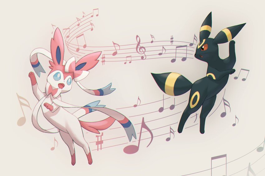 animal_focus black_fur blue_eyes blue_sclera blush bow colored_sclera full_body gen_2_pokemon gen_6_pokemon highres musical_note musical_staff nintendo no_humans open_mouth pink_fur pokemon pokemon_(creature) pokemon_focus red_eyes red_sclera smile sylveon tail topple33 two-tone_fur umbreon white_fur