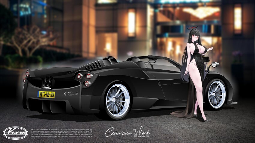 1girl absurdres alternate_costume bag bare_shoulders black_hair blue_archive breasts bright_pupils car cleavage commission convertible dress english_text evening_gown hair_behind_ear hair_ornament hairclip halo handbag highres huge_breasts jewelry logo long_hair millennium_science_school_logo motor_vehicle night outdoors red_eyes rio_(blue_archive) rlayuta sideboob solo sports_car vehicle_focus very_long_hair white_pupils wide_shot