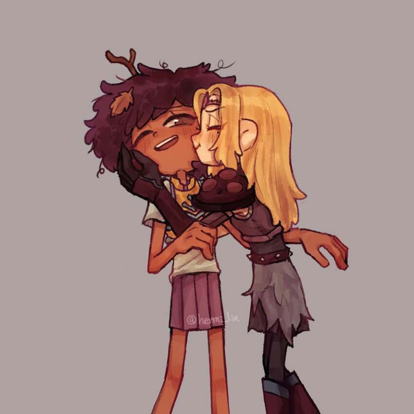 2girls amphibia anne_boonchuy armor blonde_hair blush breastplate brown_eyes brown_hair closed_eyes dark-skinned_female dark_skin fur_skirt grey_background heart hermi kiss kissing_cheek leaf leaf_on_head long_hair multiple_girls one_eye_closed open_mouth pantyhose pleated_skirt purple_skirt resistance_costume_(amphibia) sasha_waybright short_hair shoulder_armor signature skirt smile spiked_belt standing teeth upper_teeth_only yuri