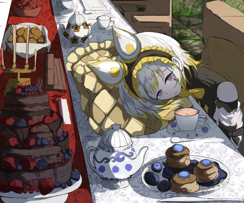 1girl animal_ears blush cake candle candlestand checkered_pillow closed_mouth cookie cup detached_sleeves duel_monster food frilled_hairband frills hairband half-closed_eyes highres leotard lying maliss_&lt;p&gt;_dormouse mouse_ears mouse_girl multicolored_hair pillow short_hair solo teacup teapot two-tone_hair uragawai yu-gi-oh!
