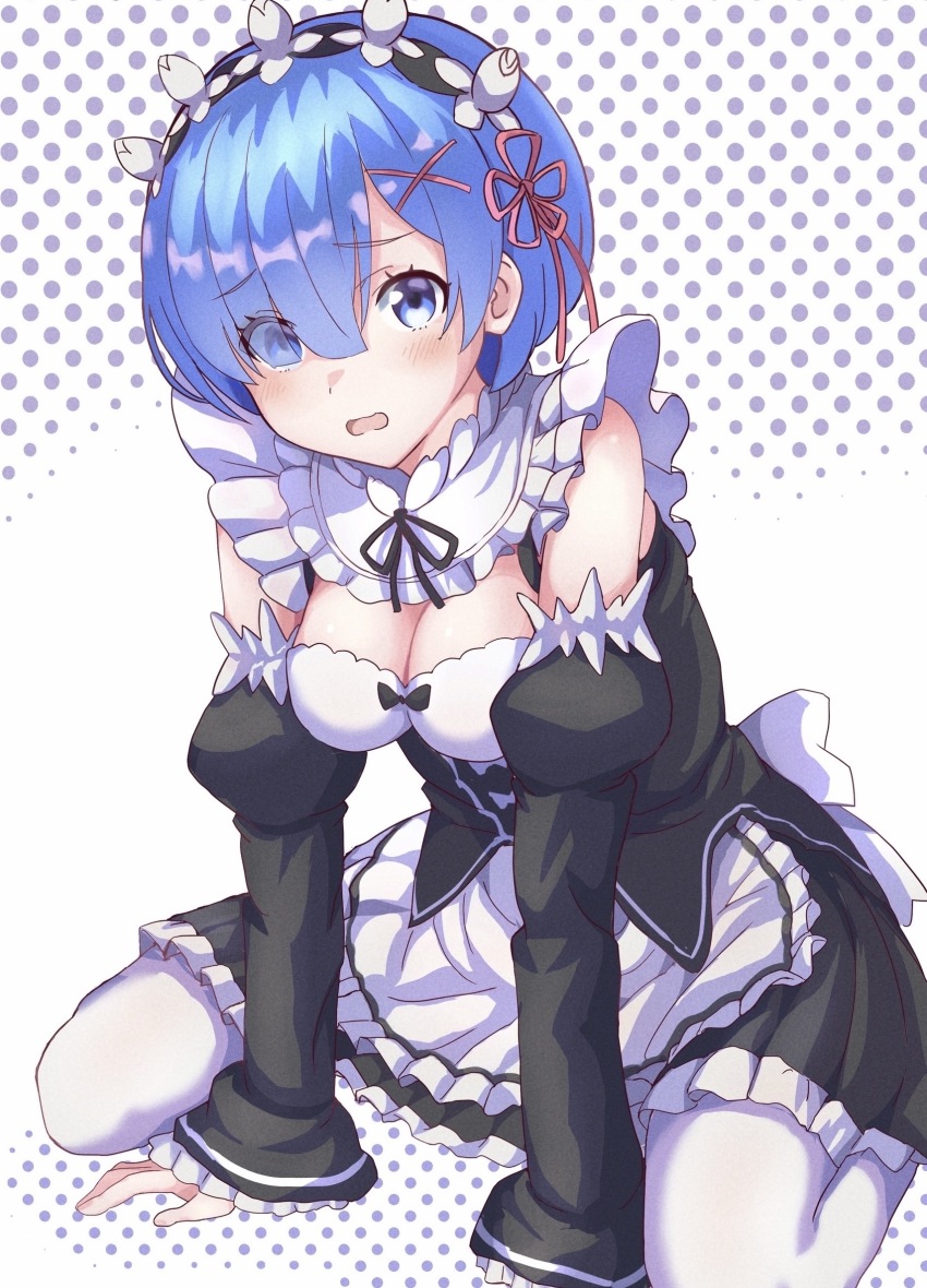 1girl apron arm_support black_dress black_sleeves blue_eyes blue_hair blush breasts cleavage commentary_request detached_sleeves dress eyes_visible_through_hair halftone halftone_background highres kneeling looking_at_viewer maid_apron maid_headdress medium_breasts notus_23 open_mouth puffy_detached_sleeves puffy_sleeves re:zero_kara_hajimeru_isekai_seikatsu rem_(re:zero) roswaal_mansion_maid_uniform short_hair sleeveless sleeveless_dress solo thighhighs waist_apron white_apron white_thighhighs