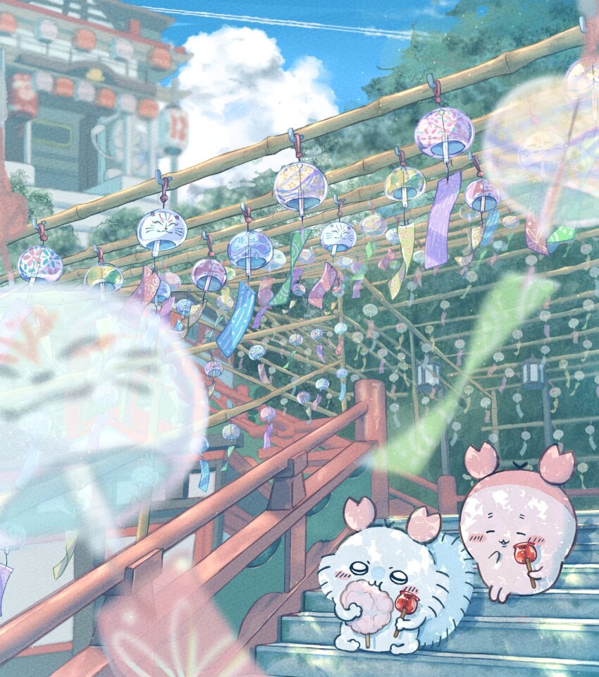 :3 absurdres blush_stickers candy_apple chiikawa closed_eyes cloud cotton_candy crab_claw creature day eating food furuhonya happy highres holding holding_cotton_candy holding_food lantern momonga_(chiikawa) moromi_(kscd4482) no_humans outdoors paper_lantern scenery shrine sitting sitting_on_stairs smile stairs tail wind_chime wind_chime_focus