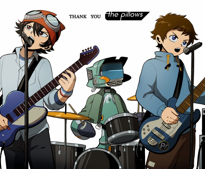 2boys beanie blue_eyes brown_eyes brown_hair canti commentary crossover drum drum_set electric_guitar english_commentary flcl fujisaki_yuusuke goggles goggles_on_headwear green_jacket guitar hat highres instrument jacket male_focus microphone microphone_stand multiple_boys music nandaba_naota orange_hat pencilman_draws playing_instrument robot sket_dance thank_you the_pillows