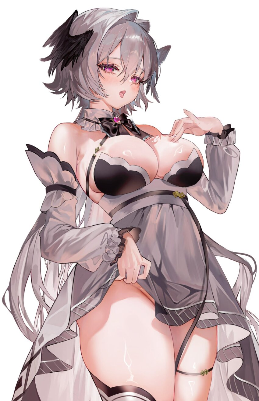 1girl artist_request bare_shoulders blush breasts cleavage detached_collar detached_sleeves dress grey_dress grey_hair head_wings highres indie_virtual_youtuber large_breasts long_sleeves looking_at_viewer no open_mouth panties red_eyes richamu second-party_source simple_background solo thigh_strap thighhighs tongue tongue_out underwear virtual_youtuber white_background wings