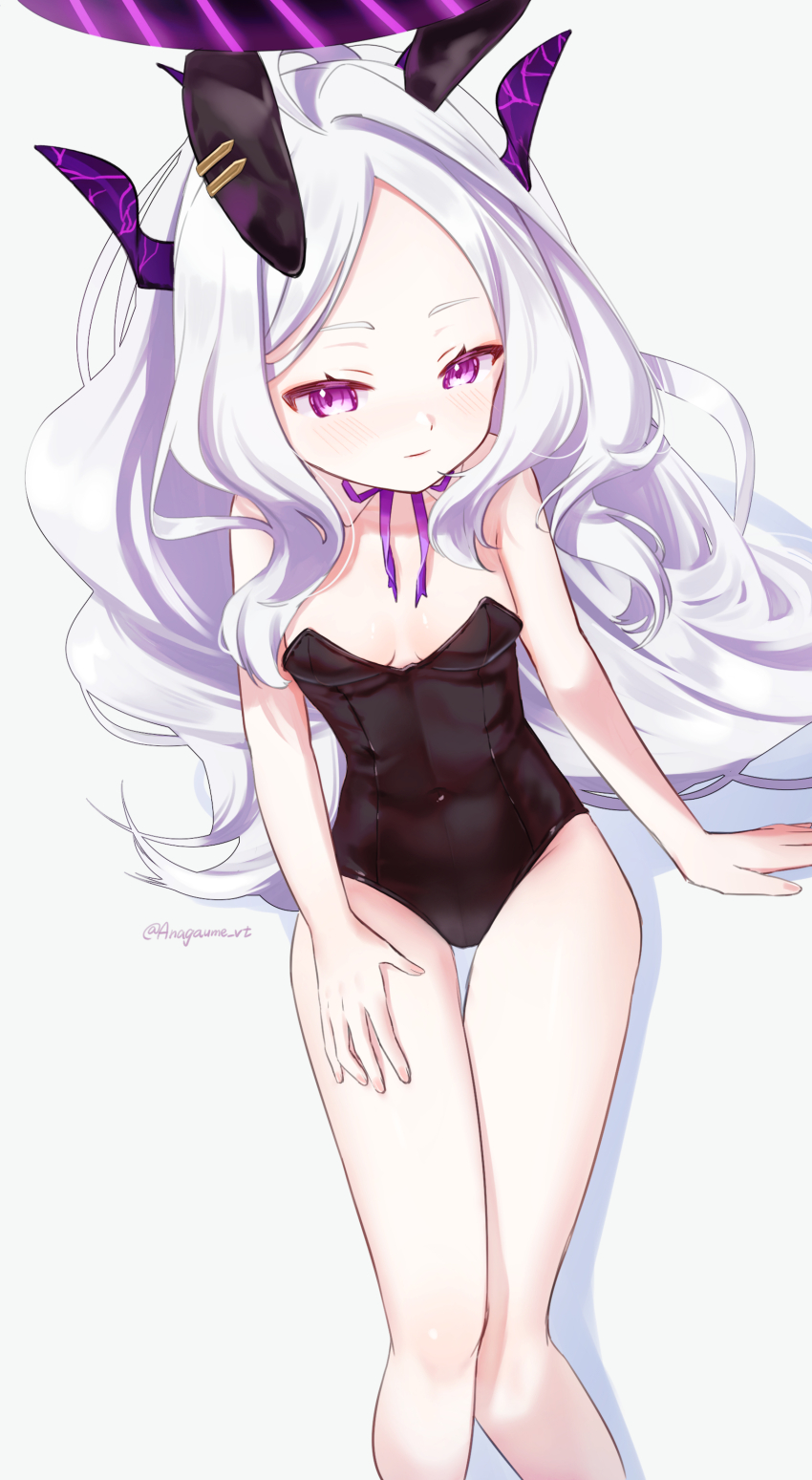 1girl absurdres ahoge anagaume animal_ears bare_legs black_halo blue_archive blush breasts demon_horns halo highres hina_(blue_archive) horns leotard loli long_hair looking_at_viewer playboy_bunny purple_eyes rabbit_ears sitting small_breasts solo very_long_hair white_hair