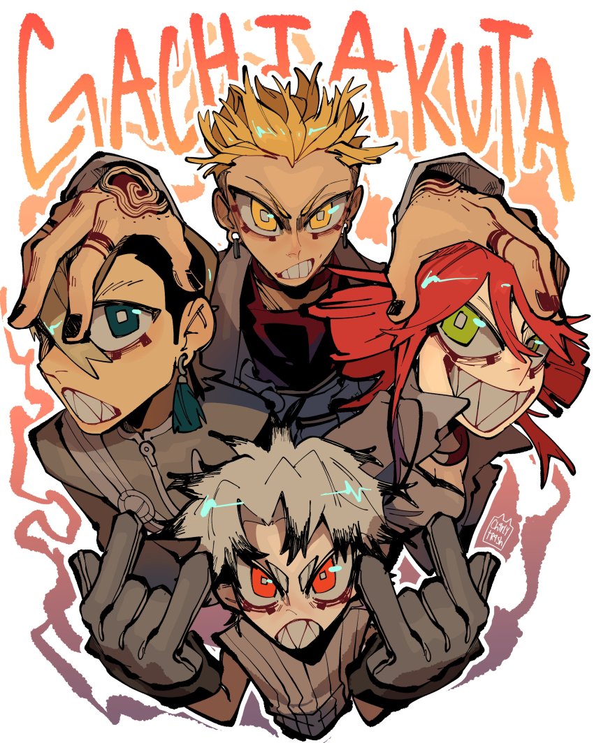 1girl 3boys \n/ absurdres black_hair black_nails blonde_hair blue_eyes ch4rlytr4sh ear_piercing earrings engine_(gachiakuta) gachiakuta gloves green_eyes grey_jacket head_grab highres jacket jewelry looking_at_viewer multiple_boys nail_polish nijiku_zanka orange_eyes piercing red_hair red_tank_top riyou_reaper rudo_surebrec sharp_teeth short_hair simple_background smile spiked_hair tank_top tassel tassel_earrings tattoo teeth white_background yellow_eyes