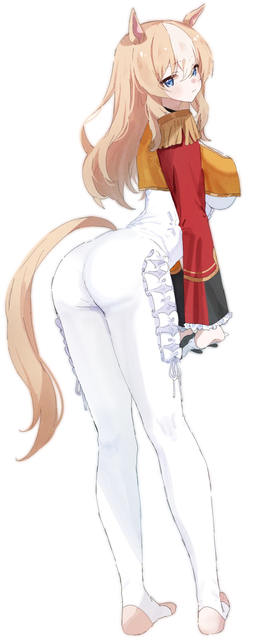 1girl absurdres animal_ears ass blonde_hair blue_eyes blush bodysuit durandal_(umamusume) epaulettes full_body ha_(hura76752775) highres horse_ears horse_girl horse_tail jacket long_hair looking_at_viewer multicolored_hair red_jacket simple_background solo standing stirrup_legwear streaked_hair tail toeless_legwear umamusume white_background white_bodysuit white_hair