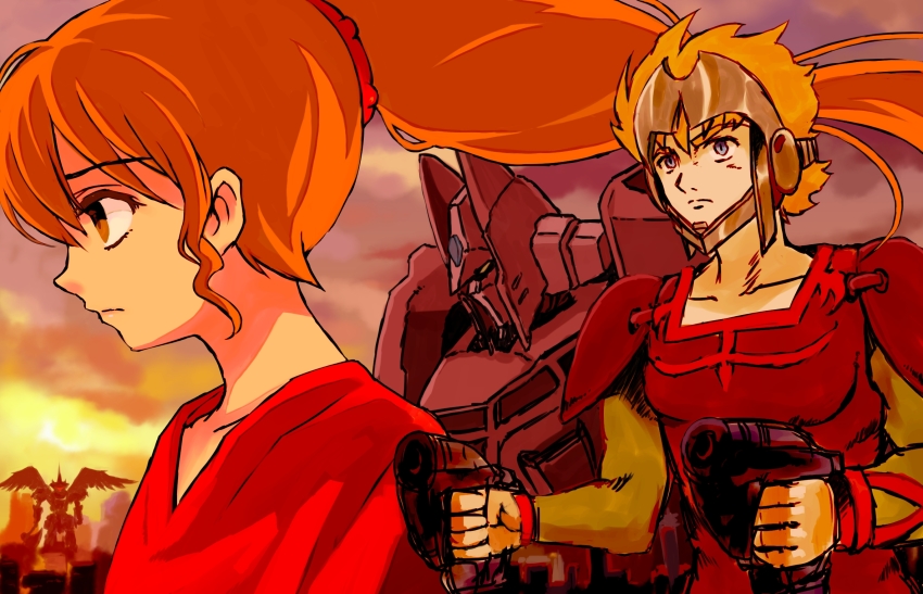 1boy 1girl armor blue_eyes brown_eyes brown_hair chururu galient highres jordy_vorder kikou-kai_galient mecha ponytail robot super_robot_wars umineko_(cspcag)