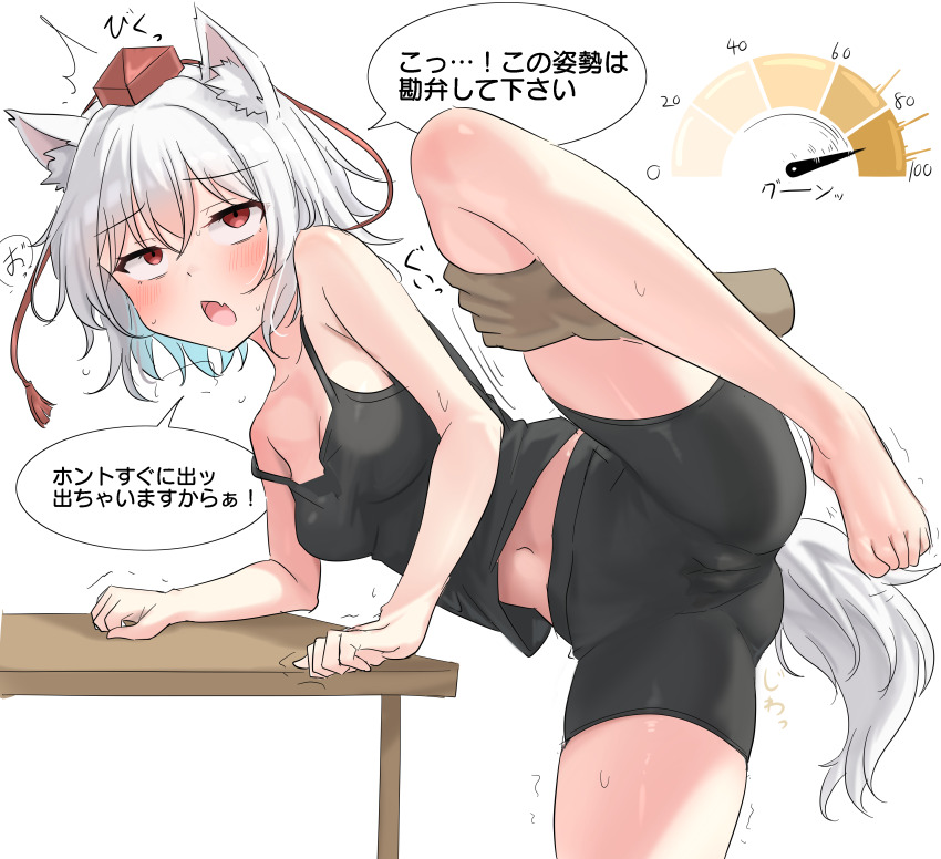 1boy 1girl absurdres animal_ear_fluff animal_ears bike_shorts blue_hair breasts commentary_request hat have_to_pee highres inubashiri_momiji medium_breasts midriff multicolored_hair navel red_eyes red_hat short_hair simple_background solo_focus speech_bubble standing standing_on_one_leg table tail tokin_hat touhou translation_request two-tone_hair urine_meter white_background white_hair wolf_ears wolf_girl wolf_tail youyume-kun