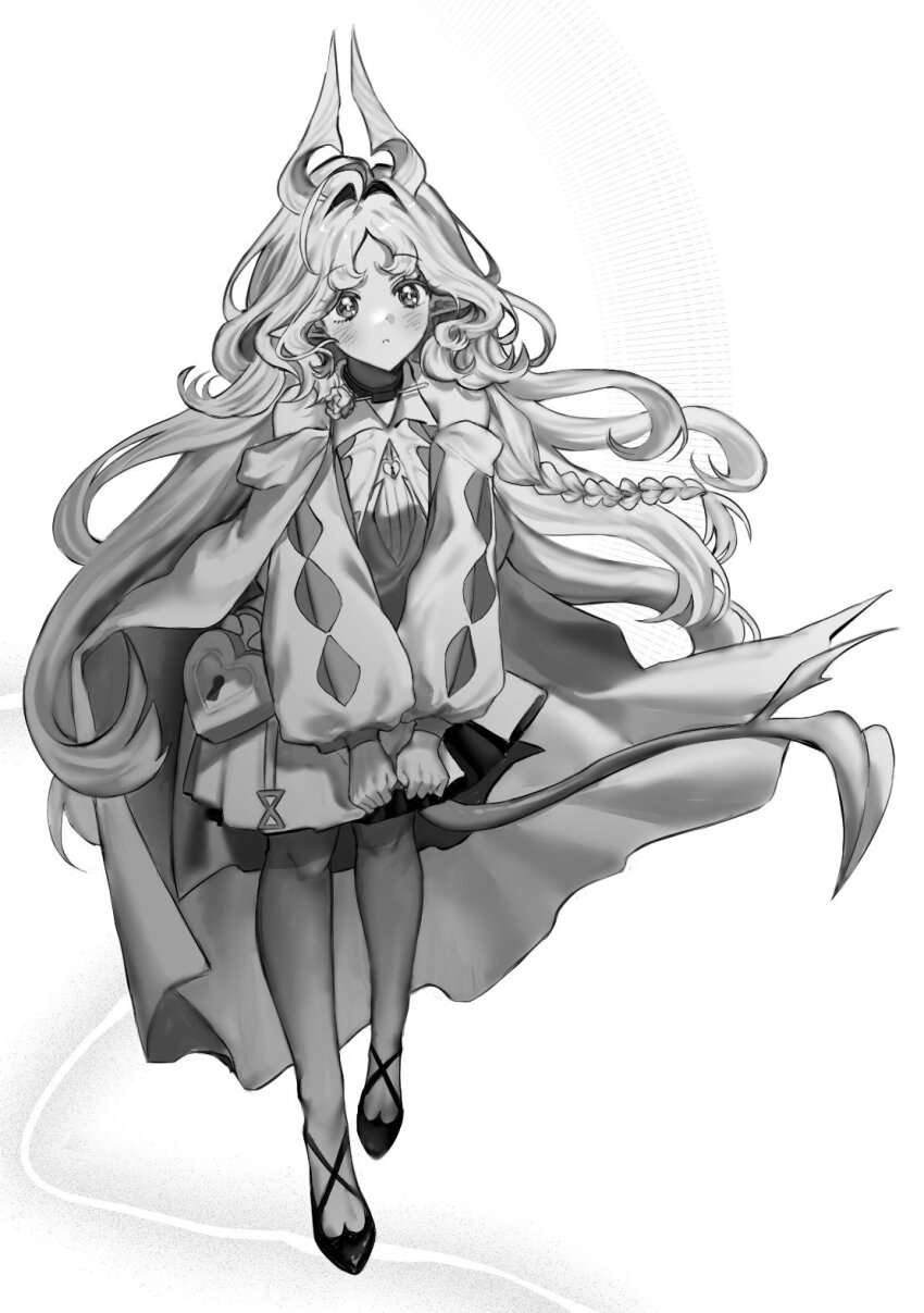 1girl ahoge arknights arm_cutout bare_shoulders blush braid choker closed_mouth dress full_body greyscale heart heart-shaped_hair high_heels highres horns jacket keyhole lock long_hair long_sleeves looking_at_viewer monochrome nymph_(arknights) off_shoulder om0mg pointy_ears simple_background solo standing tail white_background
