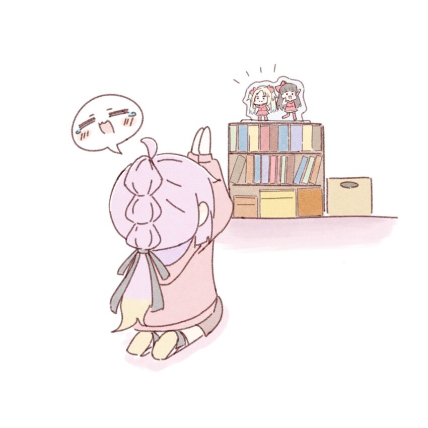 ._. 1girl :3 :d =_= acrylic_stand_(object) amano_tatsu anyoji_hime arms_up black_ribbon blonde_hair blue_hair bow box brown_dress brown_hair cardboard_box chibi closed_mouth commentary_request deformed do!_do!_do!_(love_live!) dress fujishima_megumi gradient_hair hair_bow hair_ribbon hasu_no_sora_school_uniform highres hood hooded_jacket jacket link!_like!_love_live! long_hair long_sleeves love_live! medium_dress mira-cra_park! multi-tied_hair multicolored_hair open_mouth osawa_rurino own_hands_together palms_together parted_bangs pink_hair pink_jacket ponytail red_bow ribbon school_uniform seiza shelf sidelocks sitting smile solo split_mouth spoken_expression tearing_up twintails two_side_up very_long_hair virtual_youtuber winter_uniform worship