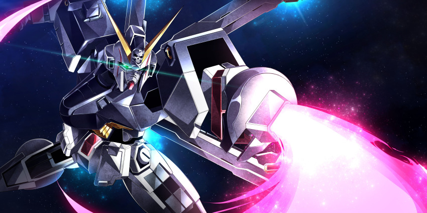 absurdres artist_request crossbone_gundam crossbone_gundam_x-1 crossbone_vanguard energy energy_beam energy_sword glowing glowing_eyes gundam highres jolly_roger lens_flare machinery mecha mecha_focus no_humans realistic robot science_fiction space sword thrusters v-fin weapon