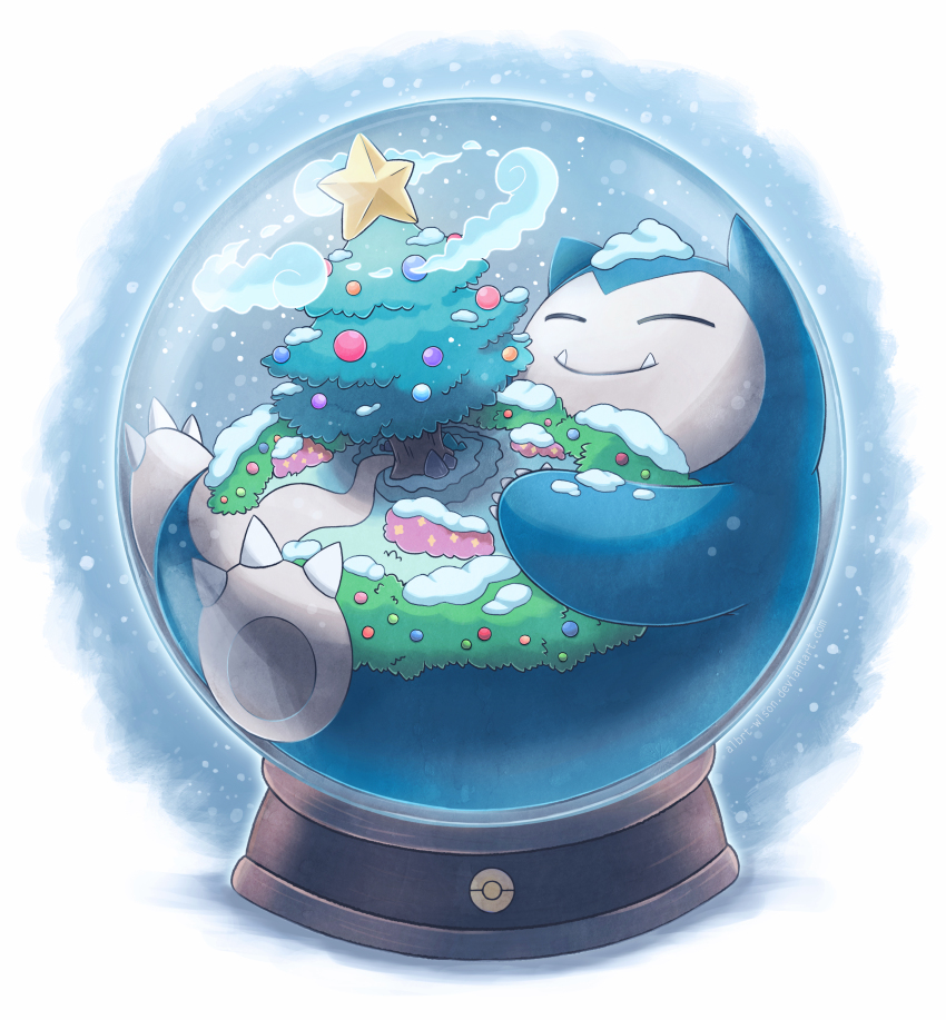 absurdres albrt-wlson bush christmas_tree closed_eyes closed_mouth commentary creature dynamax english_commentary full_body gen_1_pokemon gigantamax gigantamax_snorlax highres lying nintendo no_humans on_back pokemon pokemon_(creature) road smile snorlax snow_globe solo tree