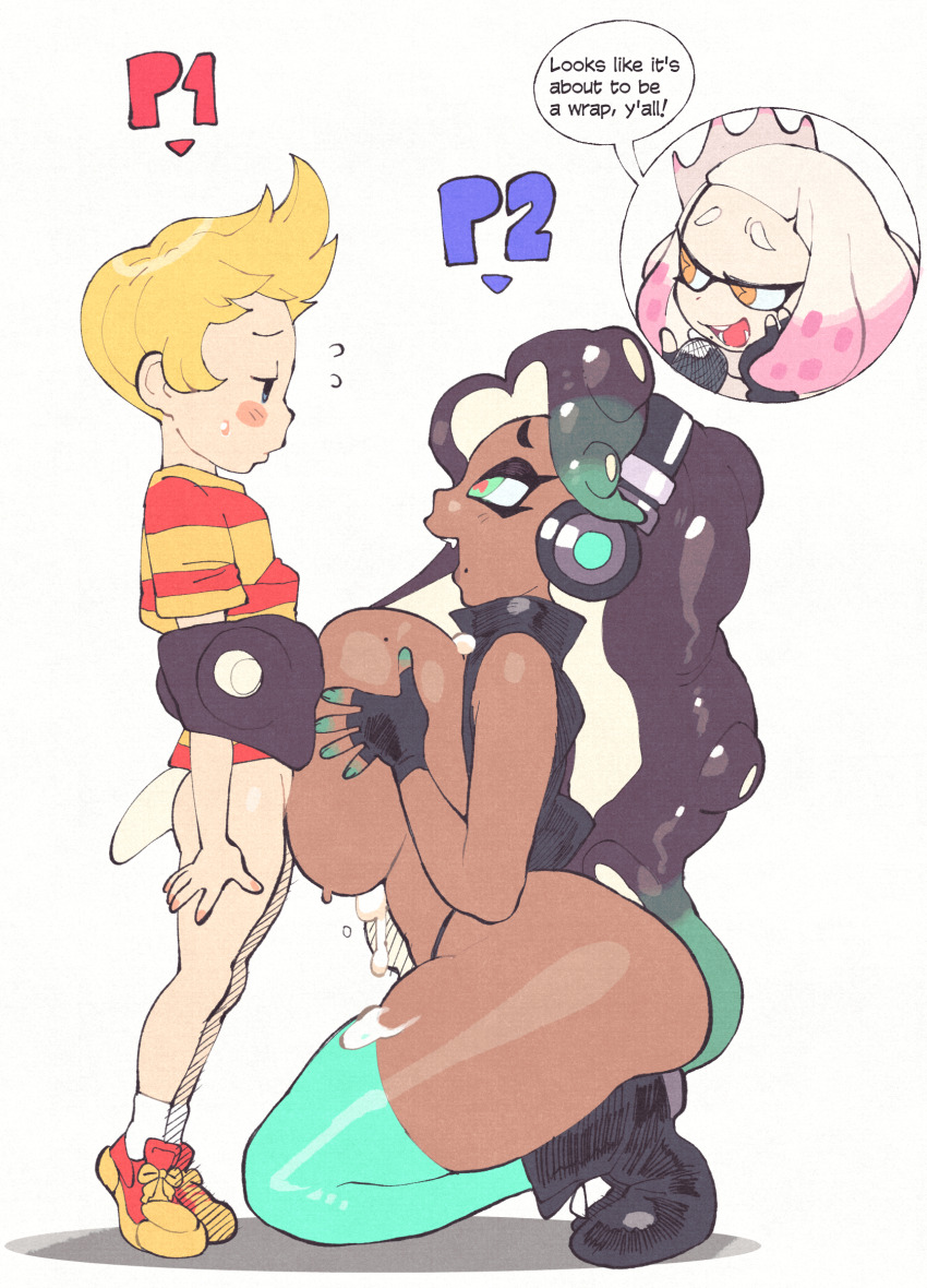 1boy 2girls age_difference bad_tag bdsm black_hair blonde_hair blush bondage boots bound bound_arms breasts crossover cum cum_on_body cum_on_breasts cum_on_upper_body dark-skinned_female dark_skin femdom fingerless_gloves gloves green_eyes green_hair green_thighhighs headphones height_difference helmet hetero highres inkerton-kun inkling interracial jacket kneeling large_breasts lucas_(mother_3) marina_(splatoon) mob_face mole mole_on_breast mother_(series) mother_3 multicolored_eyes multicolored_hair multiple_girls nintendo no_pants octoling onee-shota open_clothes open_jacket paizuri partially_undressed pearl_(splatoon) pink_eyes pink_hair shota simple_background speech_bubble splatoon_(series) splatoon_2 super_smash_bros. tentacle_hair thighhighs thong white_background white_hair yellow_eyes