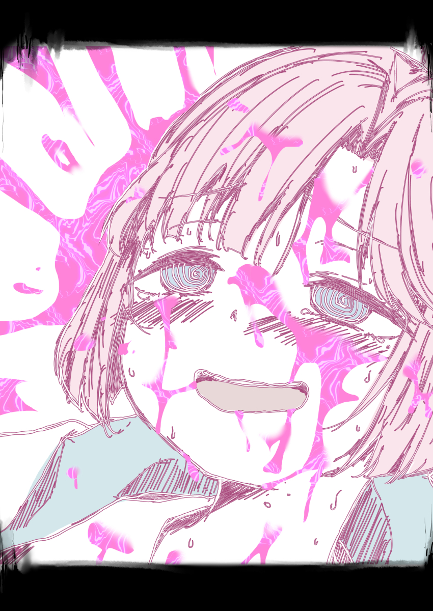 1girl :d anyoji_hime ast blue_eyes blunt_bangs commentary_request ecstasy hair_intakes highres hood hooded_jacket jacket letterboxed link!_like!_love_live! love_live! open_mouth pink_hair pink_liquid sidelocks smile solo suggestive_fluid swept_bangs teeth upper_teeth_only virtual_youtuber white_background white_jacket