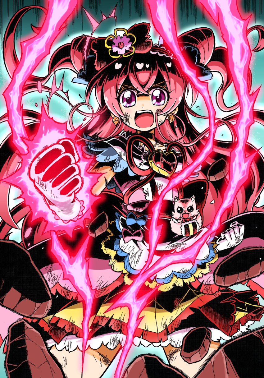 1girl aura bow brooch choker clenched_hands cone_hair_bun crack cure_precious delicious_party_precure double_bun dress earrings gloves hair_bow hair_bun heart heart_brooch highres jewelry kome-kome long_hair looking_at_viewer magical_girl nagomi_yui open_mouth pink_hair precure two_side_up wakabayashi_makoto white_gloves