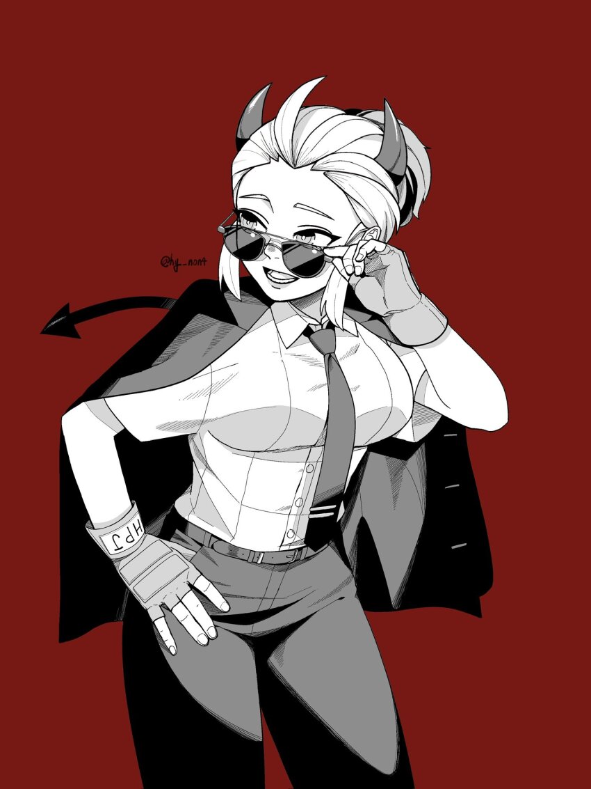 demon_girl demon_horns demon_tail formal_clothes gloves helltaker highres horns hy_non4 justice_(helltaker) red_background suit sunglasses tail