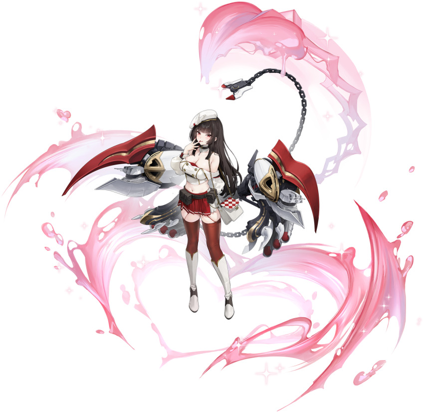 1girl absurdres artist_request aura azur_lane bag bare_shoulders belt beret black_belt black_hair boots breasts chain cleavage covering_own_mouth crop_top detached_collar detached_sleeves finger_to_mouth full_body garter_straps grey_boots hand_over_own_mouth hat highres large_breasts long_hair looking_at_viewer midriff navel non-web_source off-shoulder_shirt off_shoulder official_art pleated_skirt red_eyes red_nails red_skirt red_thighhighs rigging shirt shoulder_bag skirt solo thighhighs thighhighs_under_boots torpedo_tubes trinidad_(azur_lane) white_hat