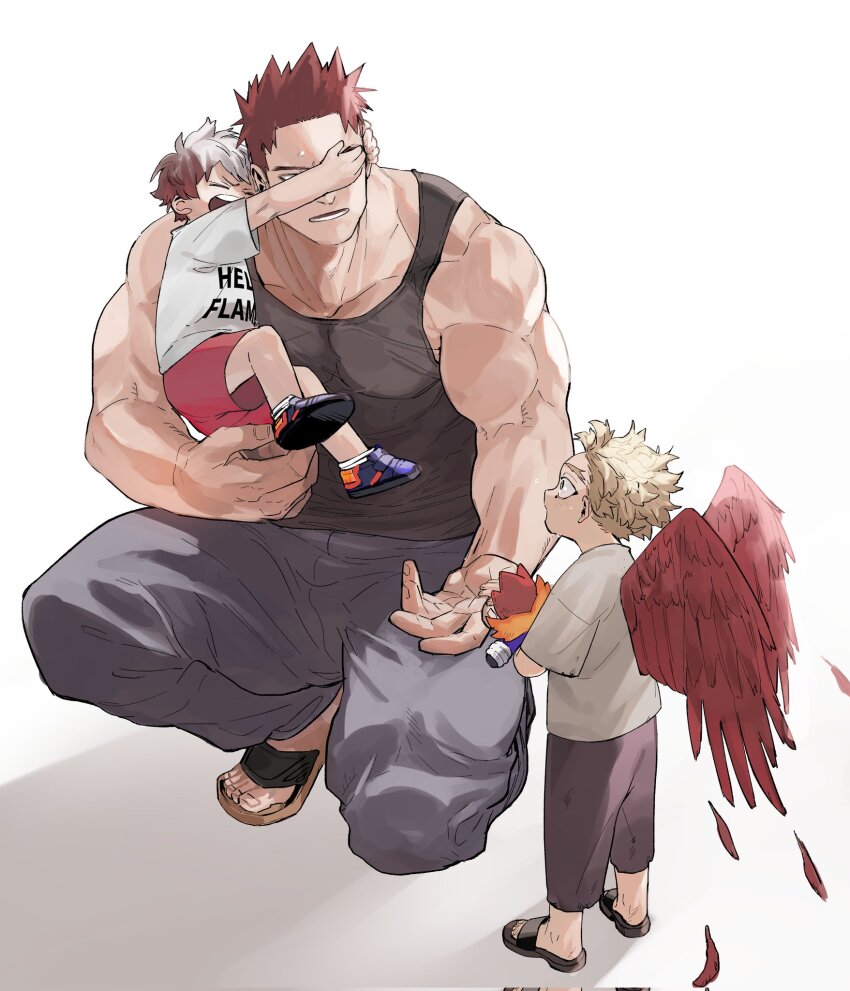 3boys aged_down blonde_hair boku_no_hero_academia carrying carrying_person character_doll child covering_another&#039;s_eyes endeavor_(boku_no_hero_academia) father_and_son feathers hawks_(boku_no_hero_academia) highres kneeling looking_at_another male_focus migi_(mm86262394) multicolored_hair multiple_boys muscular muscular_male outstretched_hand red_hair red_wings sandals shedding shirt short_hair simple_background smile t-shirt tank_top todoroki_touya white_background white_hair wings