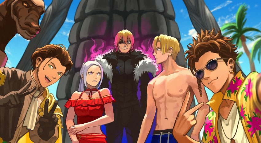 1girl 2boys alternate_costume bikini blonde_hair blue_cape blue_eyes blue_sky brown_hair cape claude_von_riegan claude_von_riegan_(timeskip) crazy_eyes crazy_smile dimitri_alexandre_blaiddyd dimitri_alexandre_blaiddyd_(timeskip) dragon edelgard_von_hresvelg edelgard_von_hresvelg_(hegemon_husk) edelgard_von_hresvelg_(timeskip) eyepatch fire_emblem fire_emblem:_three_houses fire_emblem_heroes green_eyes hawaiian_shirt multiple_boys nintendo palm_tree purple_eyes red_bikini shirt sideburns size_difference sky smile swimsuit time_paradox topless_male tree v vetsa white_hair wyvern