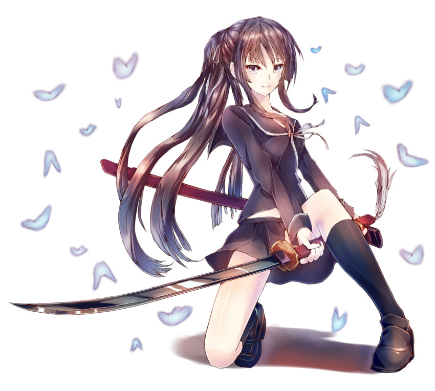 00s 1girl black_hair black_serafuku blunt_bangs female_focus ga-rei ga-rei_zero highres hime_cut isayama_yomi katana long_hair ponytail purple_eyes school_uniform serafuku smile solo sword weapon yamika_(azuma119)