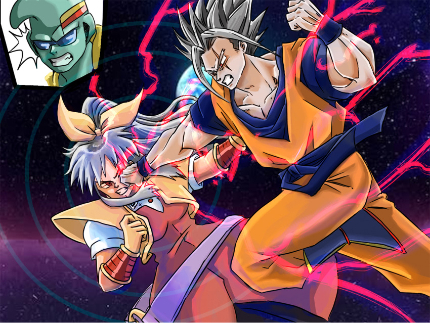 1girl 2boys baby_(dragon_ball) dragon_ball dragon_ball_gt multiple_boys scar scar_across_eye scar_on_face son_gohan son_gohan_(future) space touhou watatsuki_no_yorihime