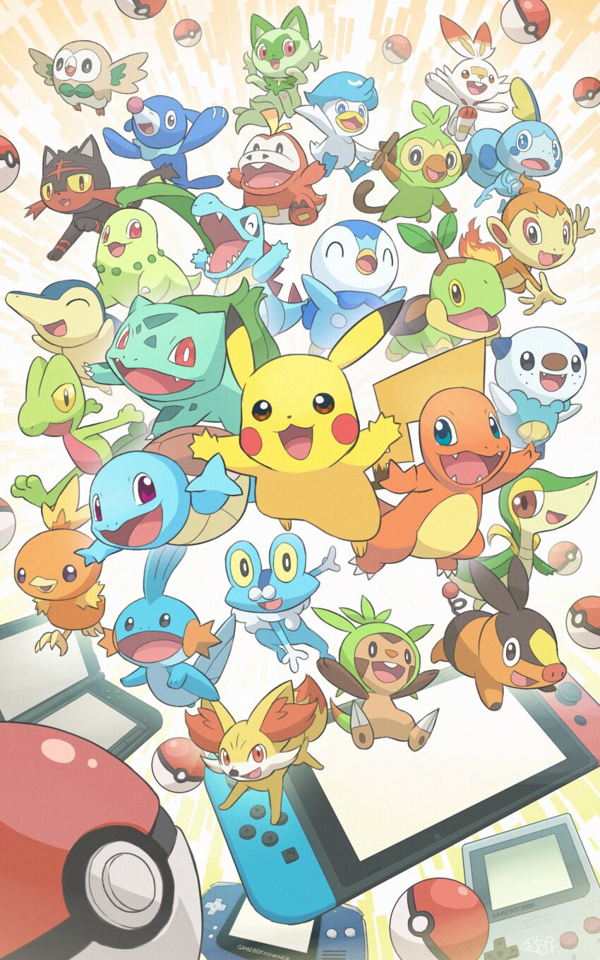 ^_^ absurdres animal_focus arms_up bird black_fur blue_skin bow bowtie bright_pupils bulbasaur cat charmander chespin chikorita chimchar closed_eyes colored_sclera colored_skin commentary_request crocodilian cyndaquil fangs fennekin fox froakie frog fuecoco game_boy game_boy_advance gen_1_pokemon gen_2_pokemon gen_3_pokemon gen_4_pokemon gen_5_pokemon gen_6_pokemon gen_7_pokemon gen_8_pokemon green_bow green_bowtie green_fur grookey handheld_game_console highres holding holding_stick litten looking_at_viewer monkey mudkip nintendo nintendo_3ds nintendo_switch no_humans open_mouth orange_fur oshawott owl penguin pig pikachu piplup poke_ball poke_ball_(basic) pokemon pokemon_(creature) popplio quaxly rabbit red_eyes rowlet scorbunny sea_lion smile snivy snout sobble sprigatito squirtle stick tail teeth tepig torchic totodile treecko turtle turtwig whiskers white_fur white_pupils wings yamaori_(hakkentai_pokedan) yellow_sclera yellow_skin