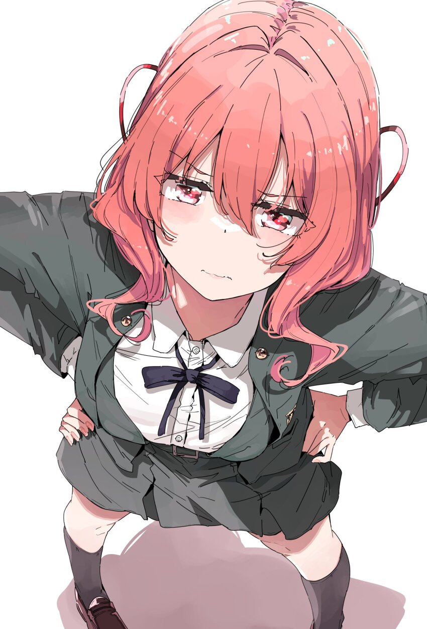 1girl amagami-san_chi_no_enmusubi amagami_yuna black_ribbon black_socks blush brown_shoes cardigan closed_mouth collared_shirt from_above green_cardigan green_jacket green_skirt hands_on_own_hips highres jacket kneehighs legs_apart loafers long_sleeves looking_at_viewer medium_hair neck_ribbon nyoijizai orange_hair pleated_skirt ribbon school_uniform shirt shoes skirt socks solo standing white_shirt winter_uniform