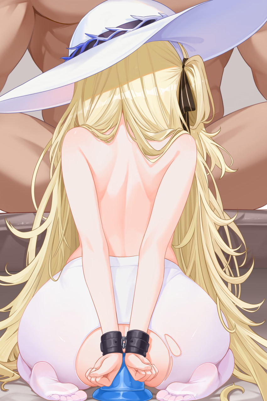 1boy 1girl absurdres anal anal_object_insertion arms_behind_back ass back bare_back black_ribbon blonde_hair bound bound_wrists clenched_hand dildo fellatio from_behind hair_ribbon hairband hat hetero highres implied_fellatio kneeling linhangwei long_hair nude object_insertion oral pantyhose phoebe_(wuthering_waves) restrained ribbon sex_toy sitting soles spread_legs topless_female torn_clothes torn_pantyhose very_long_hair white_hairband white_hat white_pantyhose wuthering_waves