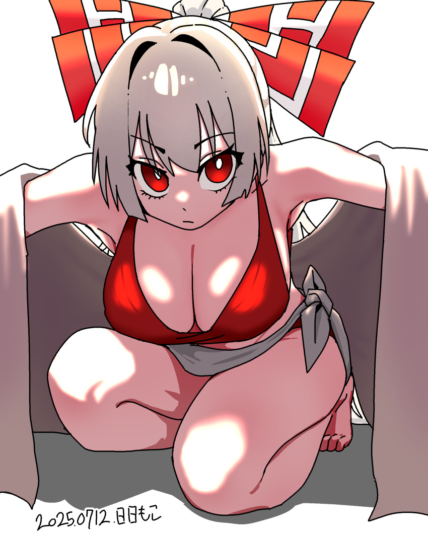 1girl :| absurdres bikini bow breasts bright_pupils closed_mouth dated dot_nose fujiwara_no_mokou grey_hair grey_sarong hair_bow highres large_breasts long_hair looking_at_viewer neophyte outstretched_arms ponytail red_bikini red_bow red_eyes sarong simple_background solo spread_arms squatting swimsuit touhou towel white_background white_bow white_pupils