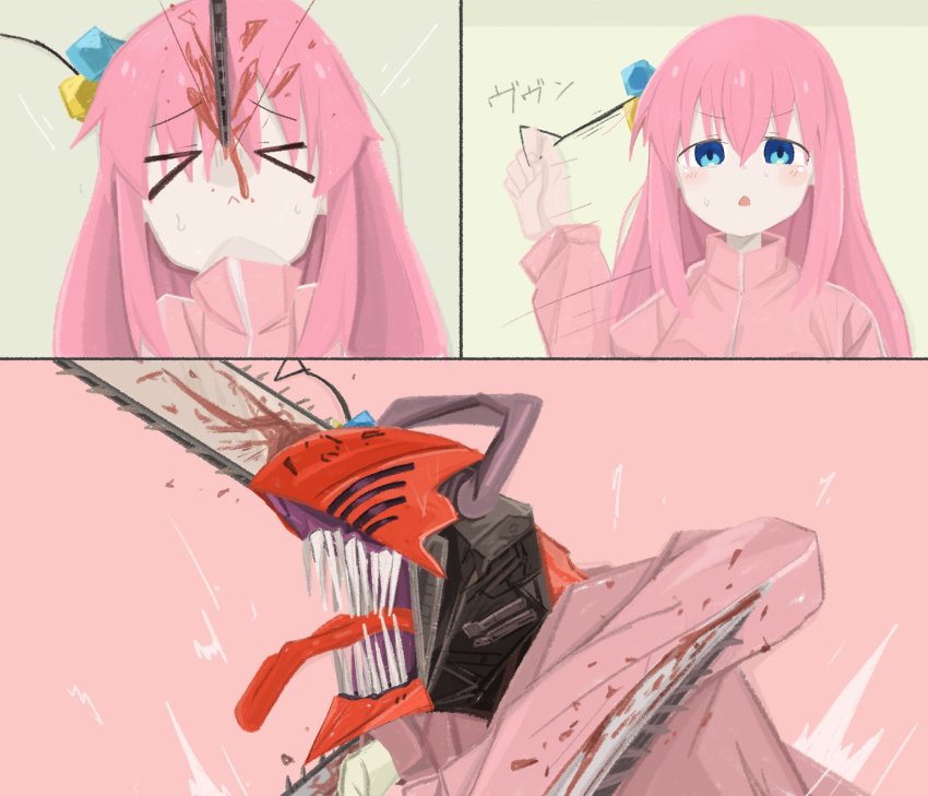 &gt;_&lt; 1girl :&lt; alternate_costume blood blood_on_clothes blood_on_face bloody_weapon blue_eyes bocchi_the_rock! chainsaw chainsaw_man chestnut_mouth closed_mouth comic cosplay cube_hair_ornament denji_(chainsaw_man) denji_(chainsaw_man)_(cosplay) eyes_visible_through_hair furrowed_brow gotoh_hitori green_background hair_between_eyes hair_ornament hair_over_eyes highres jacket jersey light_blush long_hair looking_at_viewer monster monster_girl motion_lines multiple_views naaga_sonomono one_side_up open_mouth pink_background pink_hair pink_jacket pulling_own_clothes ripcord shiny_clothes shiny_skin simple_background sound_effect_request sound_effects sweat teeth tongue tongue_out transformation translation_request upper_body weapon