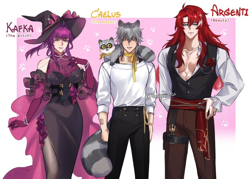 1girl 2boys alternate_costume animal animal_ears animal_nose aqua_eyes argenti_(honkai:_star_rail) artist_name bandaid bandaid_on_arm bare_shoulders belt black_dress black_hat black_pants black_pantyhose black_vest border bow bracelet breasts brown_pants buttons caelus_(honkai:_star_rail) cape character_name collarbone collared_shirt commentary cowboy_shot dress elbow_gloves english_commentary floating_hair flower frills gloves grey_fur grey_hair hand_on_own_chest hand_on_own_hip hand_up hat hat_bow high-waist_pants highres honkai:_star_rail honkai_(series) jewelry kafka_(honkai:_star_rail) kemonomimi_mode klasnyxie lapels large_breasts long_hair looking_at_viewer mandarin_collar multicolored_hair multiple_boys muscular muscular_male neck_ribbon open_clothes open_mouth open_shirt outside_border pants pantyhose paw_print paw_print_background pearl_bracelet pectorals pink_background pink_cape pink_eyes pocket ponytail puffy_nipples purple_bow purple_eyes purple_gloves raccoon raccoon_ears raccoon_tail red_belt red_flower red_hair red_rose ribbon rose scar shirt short_hair sidelocks sleeveless sleeveless_dress smile sparkle spider_web_print standing streaked_hair tail teeth thigh_strap trailblazer_(honkai:_star_rail) vest wavy_hair white_border white_hair white_shirt witch_hat yellow_eyes yellow_ribbon