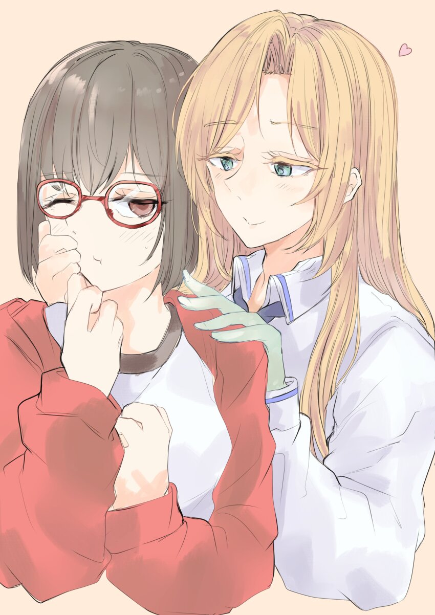 2girls absurdres anty_the blonde_hair blue_eyes blush closed_mouth collared_shirt colored_extremities commentary green_hands hand_on_another&#039;s_face hand_on_another&#039;s_shoulder heart highres kamikoshi_sorawo long_hair multiple_girls nishina_toriko one_eye_closed red-framed_eyewear red_eyes red_shirt shirt simple_background smile symbol-only_commentary upper_body urasekai_picnic white_shirt yellow_background yuri