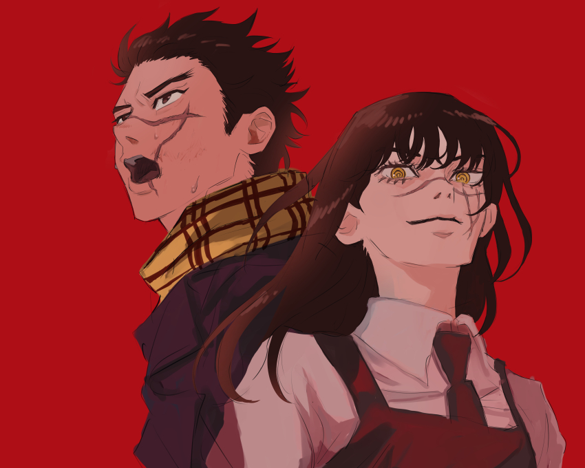 1boy 1girl :o absurdres black_hair black_necktie cement_mori chainsaw_man golden_kamuy highres long_hair looking_at_viewer necktie plaid_clothes plaid_scarf red_background scar scar_on_face scar_on_nose scarf short_hair sugimoto_saichi trait_connection upper_body yellow_eyes yoru_(chainsaw_man)