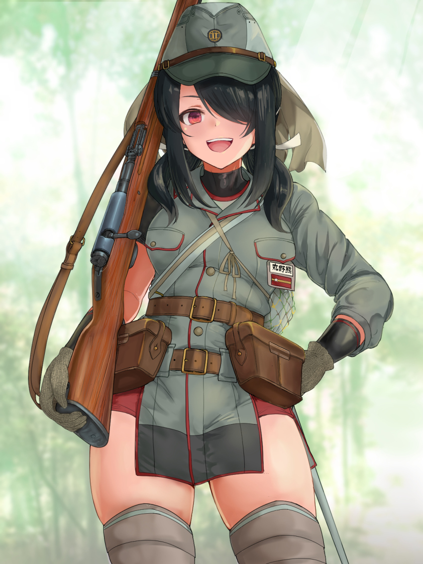 1girl arisaka belt black_hair blush bolt_action breast_pocket brown_belt cowboy_shot em_s gloves green_hat grey_gloves gun hair_over_one_eye hat highres holding holding_gun holding_weapon kantai_collection kumano_maru_(kancolle) long_hair long_sleeves looking_at_viewer military_uniform open_mouth pocket red_eyes rifle smile solo weapon