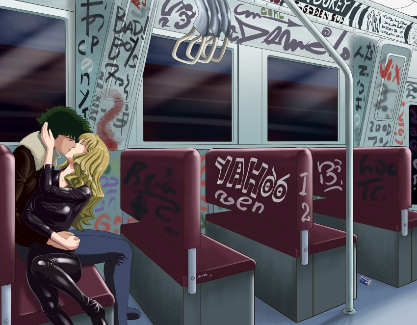 blonde_hair catsuit closed_eyes couple cowboy_bebop curly_hair french_kiss green_hair highres imminent_kiss julia_(cowboy_bebop) kiss leather non-web_source spike_spiegel