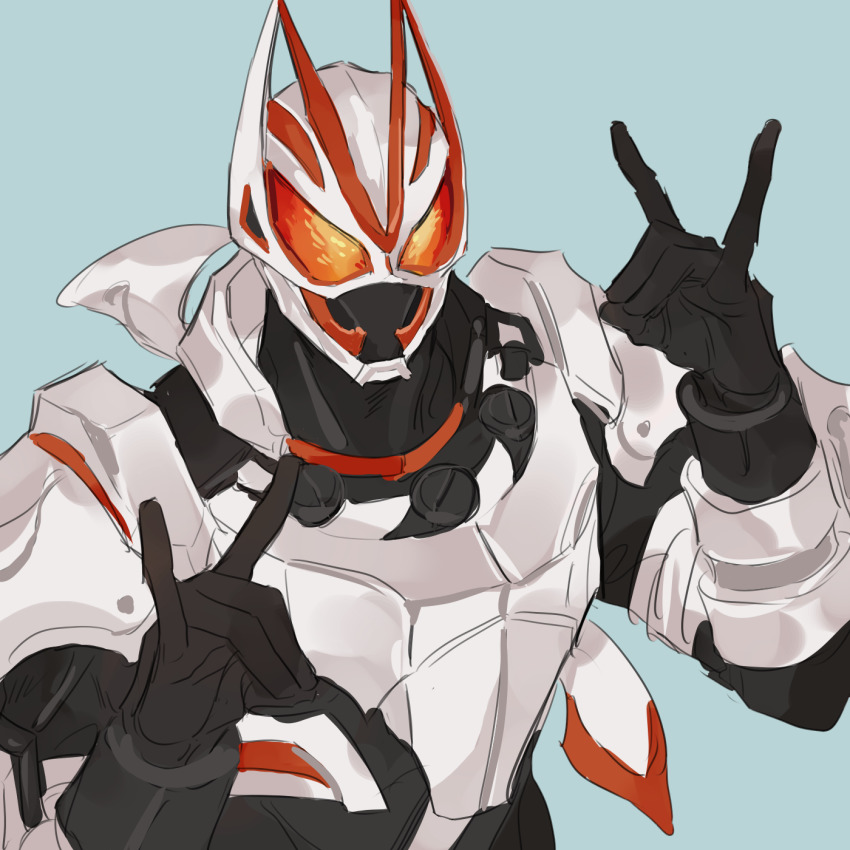 1boy armor bad_id bad_pixiv_id bbbb_fex black_bodysuit blue_background bodysuit commentary fluffy fox_mask fox_shadow_puppet fox_tail hand_gesture highres kamen_rider kamen_rider_geats kamen_rider_geats_(series) kitsune magnum_boost male_focus mask orange_eyes paw_pose scarf shoulder_armor solo star_(symbol) tail tokusatsu upper_body white_armor white_scarf