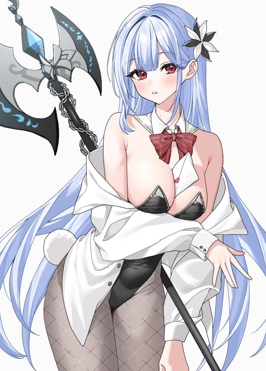 1girl alternate_costume arm_under_breasts axe battle_axe between_breasts black_leotard blue_gemstone blue_hair blunt_ends blush bow bowtie breasts buttons chain cleavage coat commentary detached_collar envelope fake_tail fishnet_pantyhose fishnets flower freesia_(stella_sora) gem grey_pantyhose hair_flower hair_ornament halberd hand_on_own_thigh hayami_kaname highleg highleg_leotard highres holding holding_weapon leotard long_hair long_sleeves looking_at_viewer medium_breasts off_shoulder open_clothes open_coat pantyhose parted_lips playboy_bunny polearm rabbit_tail red_bow red_bowtie red_eyes sidelocks simple_background solo standing stella_sora strapless strapless_leotard tail thighs unbuttoned very_long_hair weapon weapon_on_back white_background white_coat