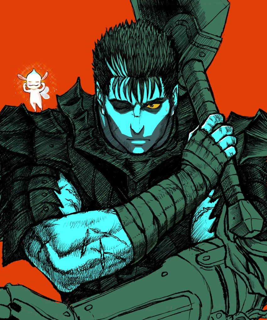 2boys armor bandaged_arm bandages berserk berserker_armor black_hair chibi closed_mouth colored_sclera dragonslayer_(sword) fairy fairy_wings greatsword guts_(berserk) highres holding holding_sword holding_weapon limited_palette looking_at_another male_focus multicolored_hair multiple_boys nisino2222 one_eye_closed pointy_ears prosthesis prosthetic_arm puck_(berserk) red_background scar scar_on_face scar_on_nose short_hair shoulder_armor solo spiked_hair streaked_hair sword weapon wings yellow_sclera